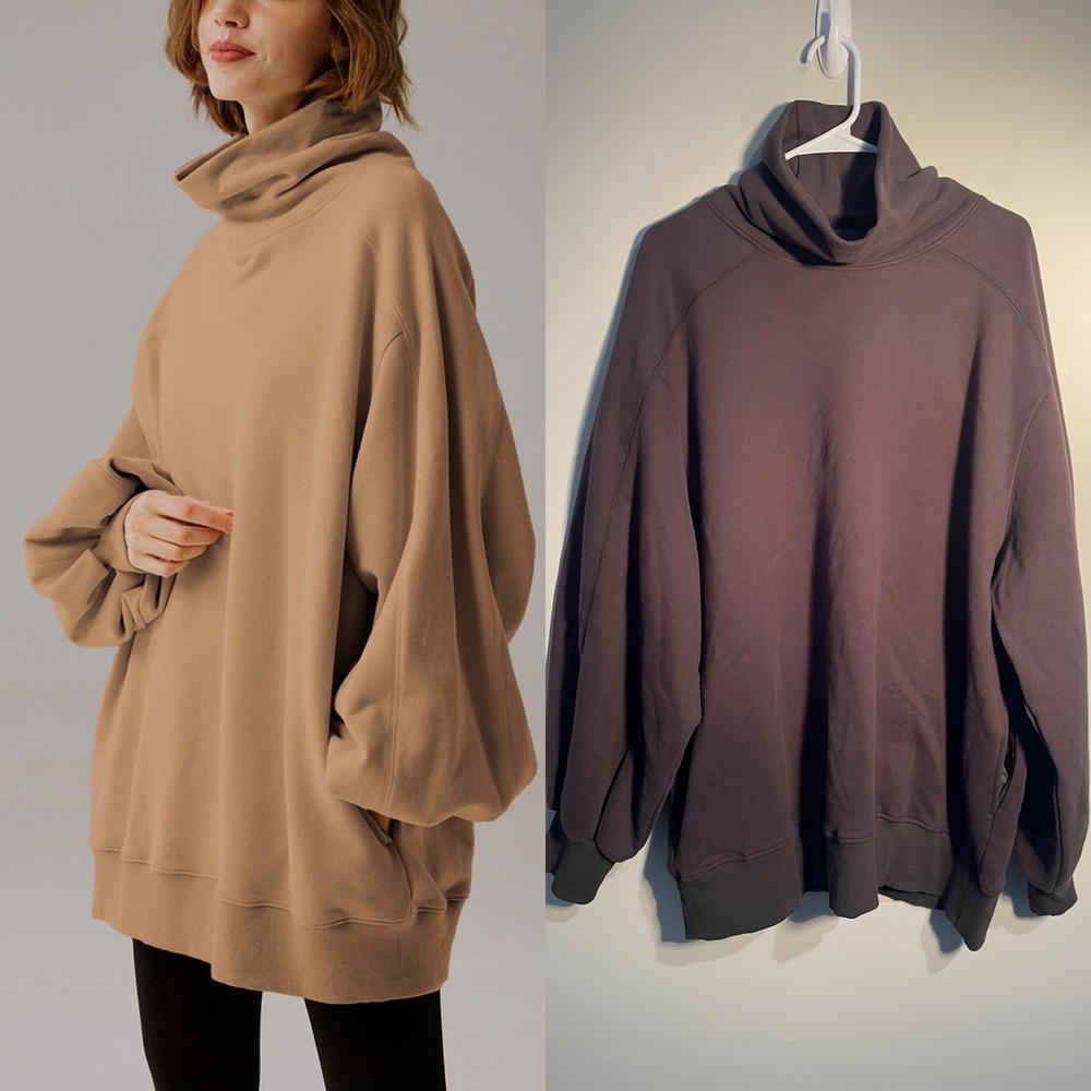 Lit Active Whisper Oversized Turtleneck Sweatshirt in Chocolate Brown Size Small